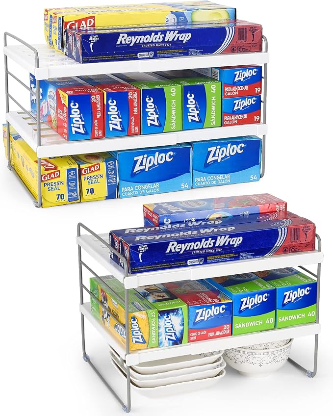 2 Pack Expandable Kitchen Wrap Organizer Rack, Height & Width Adjustable Aluminum Foil and Plastic Wrap Organizer for Pantry, Cabinet Food Wrap Organization and Storage - (3 Tier 9.8 to 15.6"L)