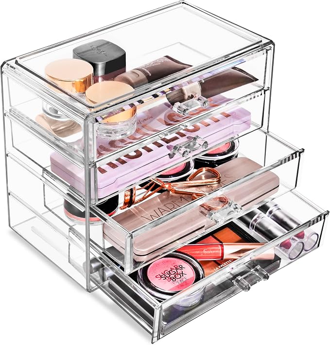 Sorbus Acrylic Makeup Organizer Set, 4-Drawer Vanity & Countertop Cosmetic Storage with Wide Drawers, Clear Makeup Storage for Brushes, Lipsticks, Jewelry – Holiday Gift for Women & Teens