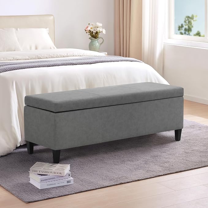 Storage Ottoman Bench 50.3" Faux Leather Upholstered End of Bed Bench, Grey | Hidden Storage Accent Ottoman for Living Room, Bedroom, Entryway, Wooden Legs, Safety Hinges, Load up to 300lb