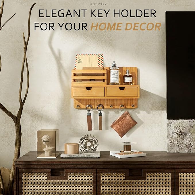 Rebee Vision Key Holder Wall Mount with 2 Drawers for Entryway, Light Brown | Mail Holder for Wall, 6 Key Hooks, Drawer Organizer, Mail Organizer, Living Room Decor, Home Storage, Farmhouse Organization