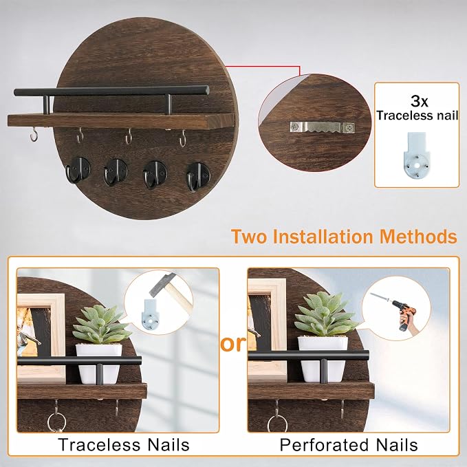 dreampossible Key Holder Wall Mount - 10.2 Inch Decorative Key Rack and Mail Organizer with 8 Key Hooks - Wooden Key Hanger with Shelf for Wall and Home Decor
