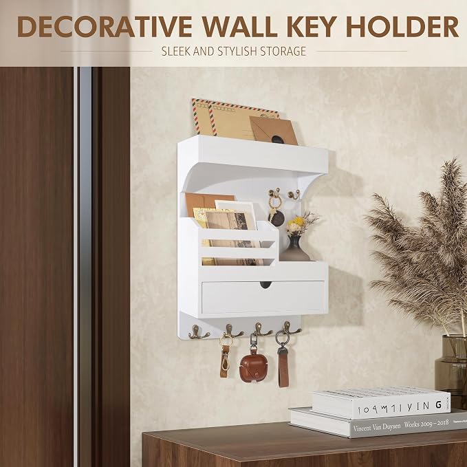 Rebee Vision Key Holder Wall Mount with Drawer & Shelf for Entryway, White | Pine Wood, Key Holder for Wall, 6 Sturdy Key Hooks, Wall Shelf, Drawer Organizer, Modern Home Decor, Decorative Storage