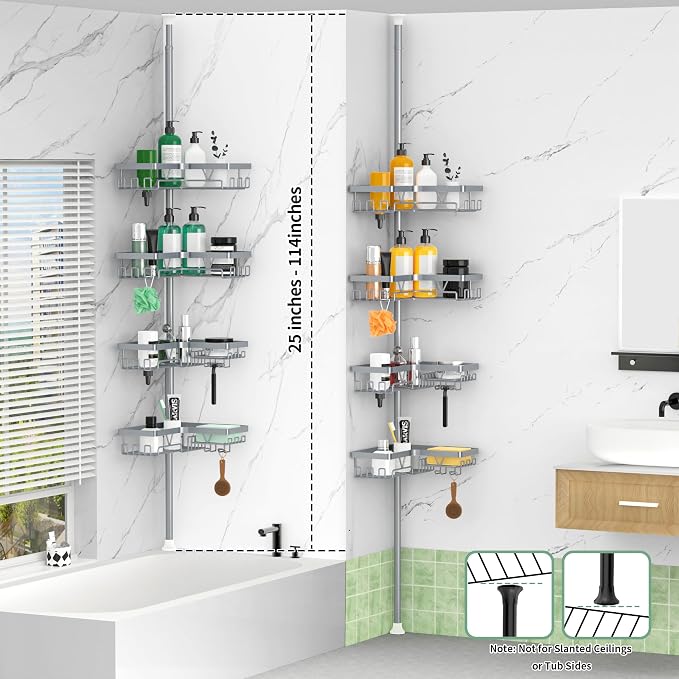 DAOYA Corner Shower Caddy Tension Pole, Light Gray | 4-Tier, Rustproof, Adjustable 25-114.2 Inch, Bathroom Organizer for Renters, Bathtub Shampoo Storage