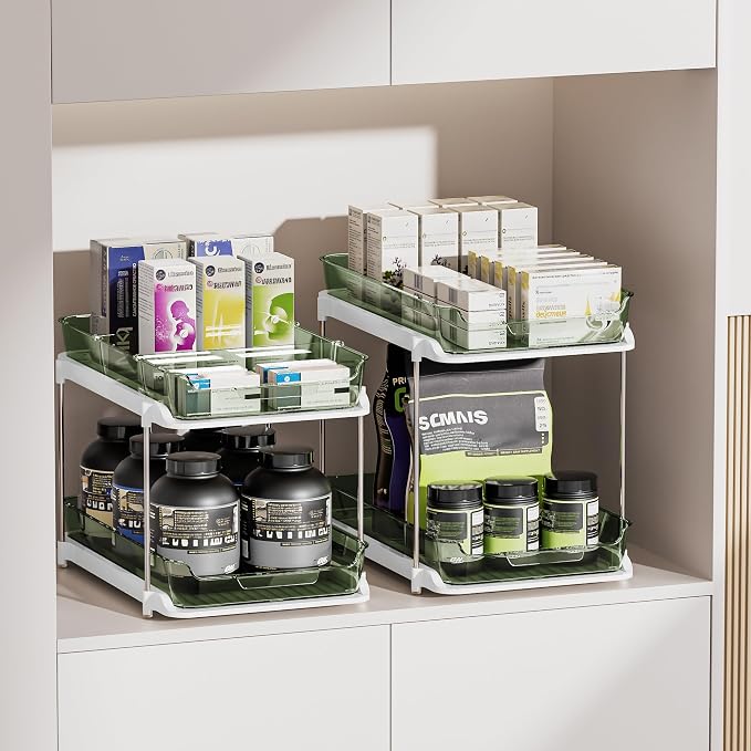 Delamu 2-Tier Multi-Purpose Bathroom Under Sink Organizers and Storage, Stackable Kitchen Pantry Organization, Pull Out Medicine Cabinet Organizer with Movable Dividers, Light Green, 2 Pack