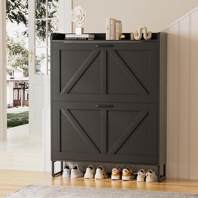 EOYUTLLY Shoe Cabinet for Entryway with 2 Flip Drawers,Narrow Wooden Shoe Storage Cabinet with Metal Legs,Hold 24 Pairs, 4-Tier Adjustable Shelves–Freestanding Hidden Shoe Organizer for Hallway, Foyer