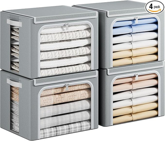 Yecaye Clothing Storage Bin with Lid, Clothes Storage Grey, 40L, 4 Pack | Metal Frame, Foldable, Stackable, Clear Window, Zippers, PU Leather Handles