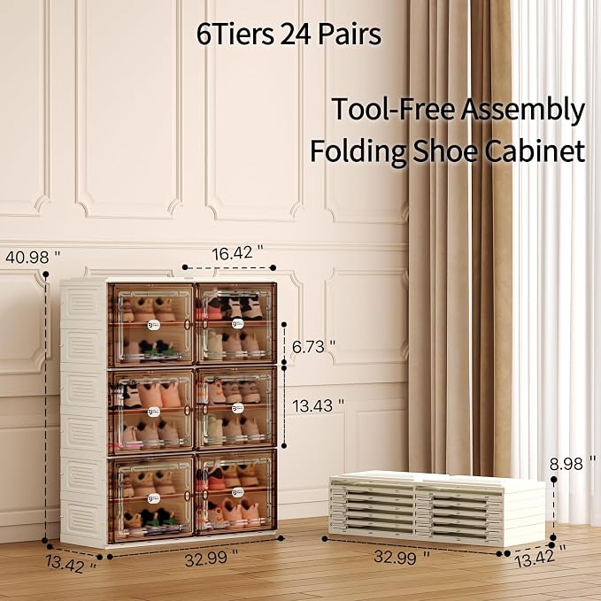 Foldable Shoe Cabinet with Magnetic Clear Doors, Wide Design Shoe Rack for Entryway, Portable Shoe Organizer Meeting Diverse Storage Needs (White, 2Row 6Tier)