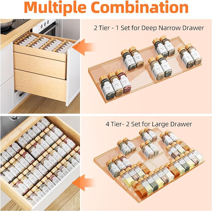 PanPanPal Spice Drawer Organizer, 4 Tier- 4 Pack Amber Acrylic Drawer Seasoning Organizer, Expandable From 11'' to 22'' Kitchen Spice Rack Organizers and Storage for Drawer (Jars not included)