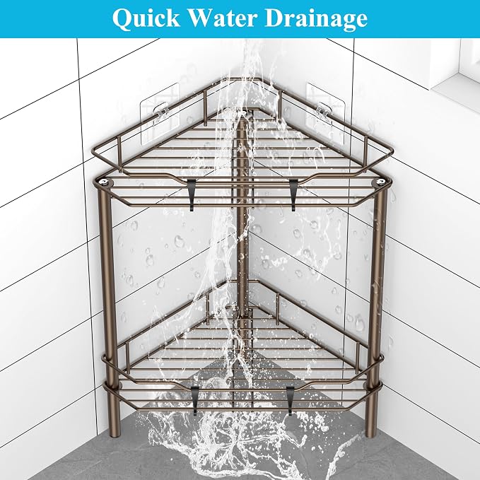 HuggieGems 2 Tier Floor Standing Corner Shower Caddy Organizer Shelf with Hooks, Bathroom Shelves Stand Rack, Bronze