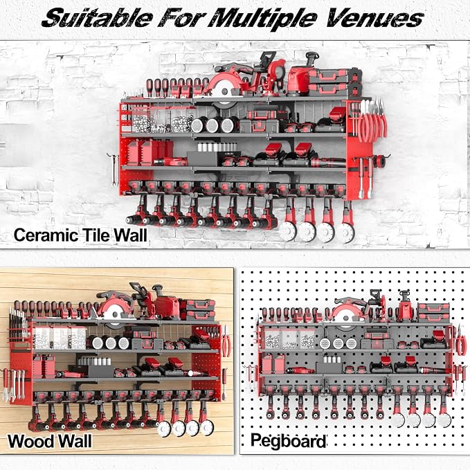 52" Metal Power Tool Organizer Wall Mount,4 Tier,Red | Heavy-Duty Metal,480 LBS Capacity,12 Cordless Drill Holders,Adjustable Hooks,Tool Shelf for Garage Workshop Shed,Pegboard