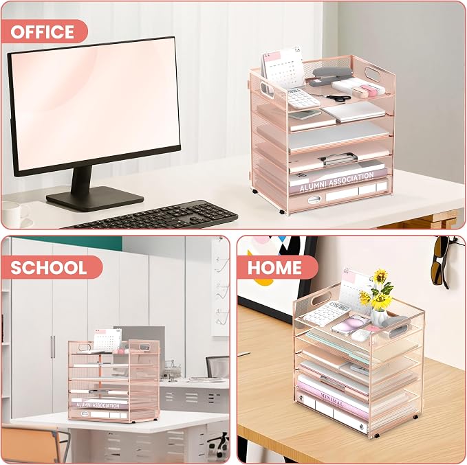 Daltack 6-Tier Paper Organizer for Desk with Handle, Rose Gold, 2 Pack | Sturdy Metal Mesh Organizer with Movable Middle Trays and a Carry Handle for Papers, Folders and Office Supplies