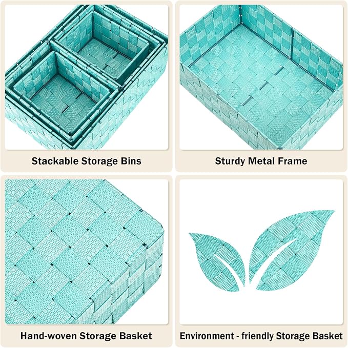 Storage Baskets with Lids: 6 Pack Stackable Woven Storage Bins, Aqua | Decorative Woven Baskets for Organizing with Built-In Handles for Shelves, Closets, Cabinets and Cubbies, Gift Small Basket