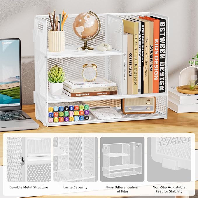 Marbrasse Desk Shelf Organizer with Handle, Bookshelf File Holder, White | 3-Tier Desktop Mesh Display Shelf Organizer Storage Rack for Office, Home, Supplies, Kitchen