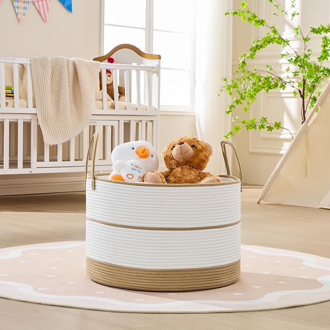 KAKAMAY Large Blanket Basket with Handles, Storage Basket for Living Room | Extra Large Capacity | Natural Cotton Rope | Blanket Storage | Woven Storage Basket | Stuffed Animal Storage | Laundry Basket