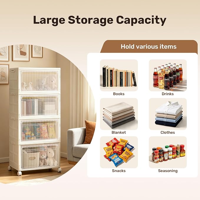 4 Tier Stackable Storage Bins with Lid and Wheels, 32QT Closet Organizers | Plastic Storage Containers with Doors, 4-Pack Collapsible Organizer Box for Bedroom Dorm Office and Garage