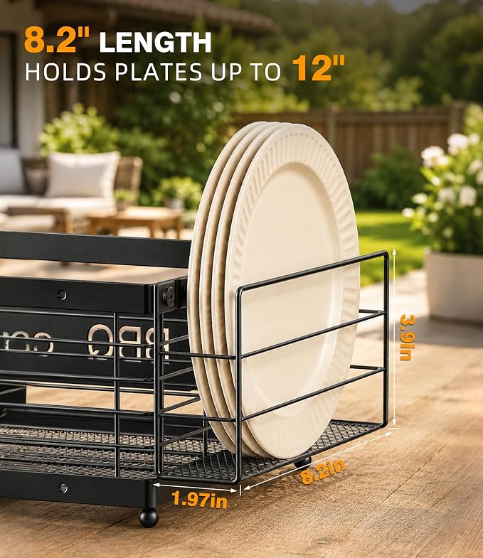 Grill Caddy BBQ Organizer for Grilling Tools & Supplies | paper towel & foil holder, fits 8" plates, removable wood handle, for camping, patio, Kitchen, Picnic, RV