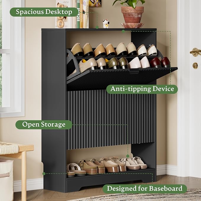 Xixini Shoe Storage Cabinet for Entryway with 2 Flip Drawers, Hidden Slim Wood Shoe Organizer with Modern Fluted Panel, Freestanding Narrow Shoe Rack for Front Door Entrance, Hallway, Foyer, Black