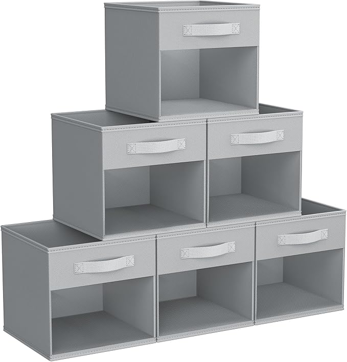 DIMJ Storage Cubes, 11x 11 inch Cube Storage Bin, 6 Pack Closet organizers and storage Bins with Window, Collapsible Baskets with Handle for Shelves, Clothes, Toys, Books (Grey)