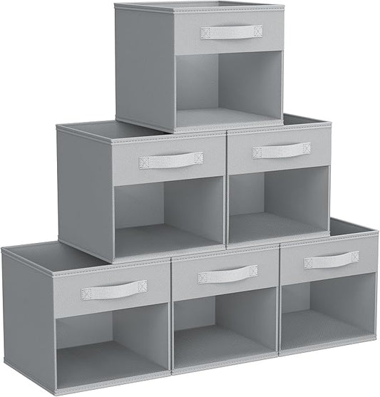 DIMJ Storage Cubes, 11x 11 inch Cube Storage Bin, 6 Pack Closet organizers and storage Bins with Window, Collapsible Baskets with Handle for Shelves, Clothes, Toys, Books (Grey)