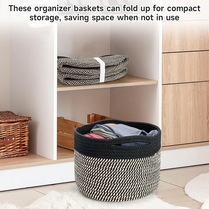 3 Pack Small Rope Storage Baskets, 9.82×9.82×7.1", Brown+Black | Cotton Basket for Gifts Empty, Cute Round Woven Basket, Decorative Shelf Basket Organizer, Organizing Basket for Shelves