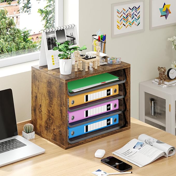 Simple Trending 4-Tier Desk File Organizer, Paper Organizer, Rustic Brown | Adjustable Letter Trays, Wood Desktop File Sorter, Farmhouse Style, for Office Home Classroom, 10.75"D x 15.2"W x 11.8"H