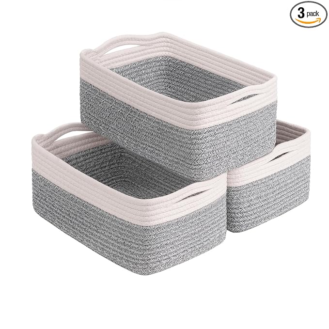 Goodpick 3-Pack Cotton Rope Baskets for Shelves, 13 x 8 x 5 in | Rope Baskets for Shelves, Closet Organizer Bins,Empty Baskets for Gifts, Woven Basket for Living Room, White & Brown