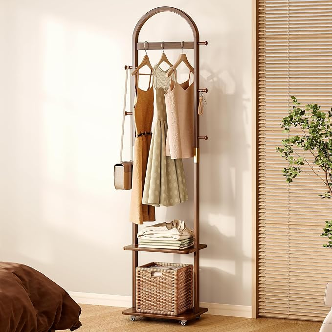 15.9" Narrow 3-in-1 Rolling Clothing Rack,Wooden Coat Rack with Wheels, 2 Shelves and 5 Hooks, Solid Rubber Wood Coat Rack with Shelves for Entryway, Bedroom, Living Room, Walnut