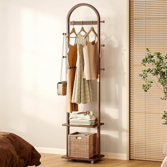 15.9" Narrow 3-in-1 Rolling Clothing Rack,Wooden Coat Rack with Wheels, 2 Shelves and 5 Hooks, Solid Rubber Wood Coat Rack with Shelves for Entryway, Bedroom, Living Room, Walnut