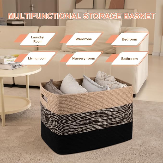 OIAHOMY 108L Super Large Blanket Basket, 25”x16”x16” Rectangle Woven Baskets for Storage, Cotton Rope Basket For Living Room, Toy Storage with Handle- Yellow and Black