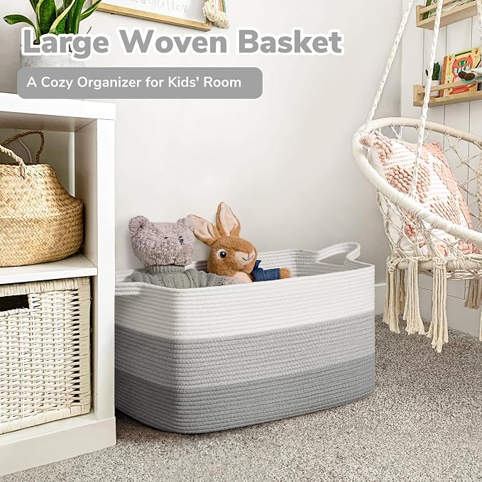 Goodpick Large Woven Rope Toy Basket, Rectangle Storaget, Light Gray | 21.6 x 14.9 x 11.8 in, Reinforced Handles, Living Room, Bedroom & Nursery Organization, Blankets, Pillows & Toys Storage