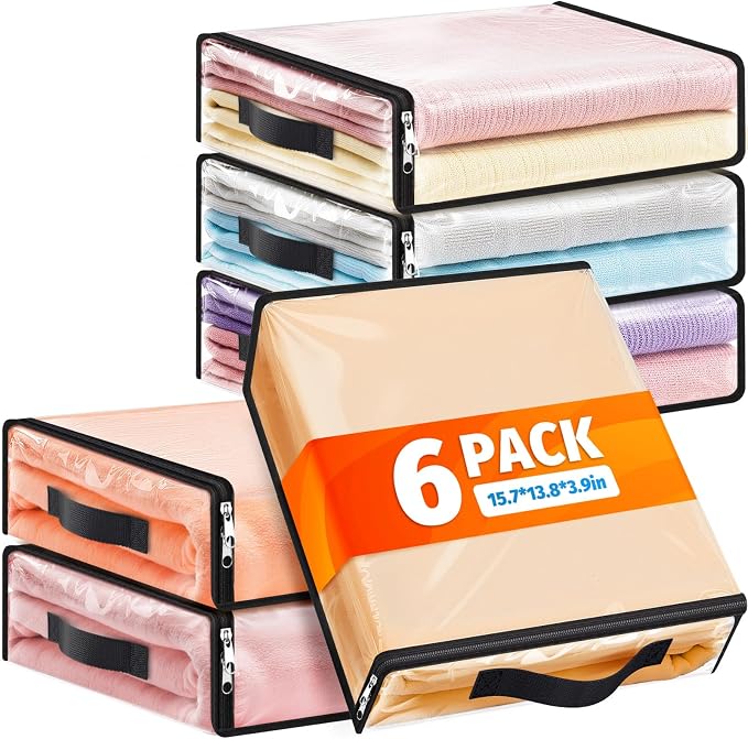 SpaceWhisper Clear Sheet Storage Bags, 6 Pack, 15.7 x 13.8 x 3.9 in | Sheet organizers and storage, zippered closure, thick plastic, reinforced handles, clothes, blankets, under-bed storage