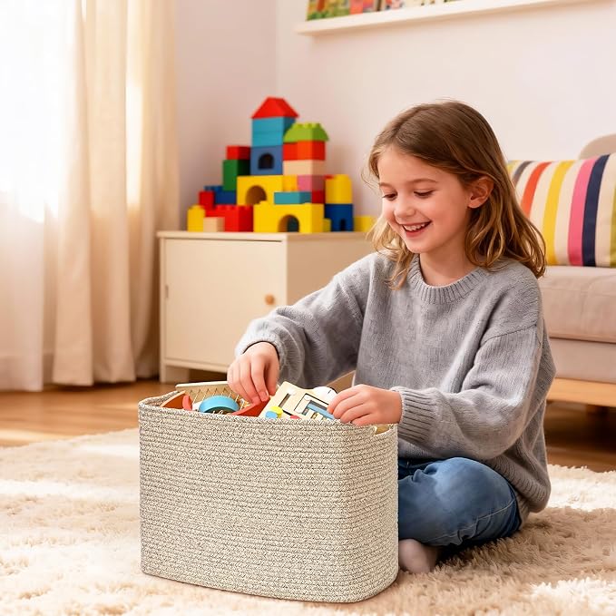 3 Pack Cube Storage Bin, 17”x12”x12” Cotton Rope Woven Baskets for Organizing Toys Clothes Towels, Square Gift Storage Baskets for Shelves, Nursery, Closet, Bathroom, Pantry (Jute)