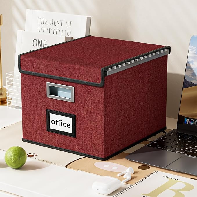 File Organizer Box with Lids, Collapsible File Folder Organizer | File Box with Plastic Slides for Office Document Storage, Filing Bin for Letter Size Hanging File Folders (1 Pack, Dark Red)