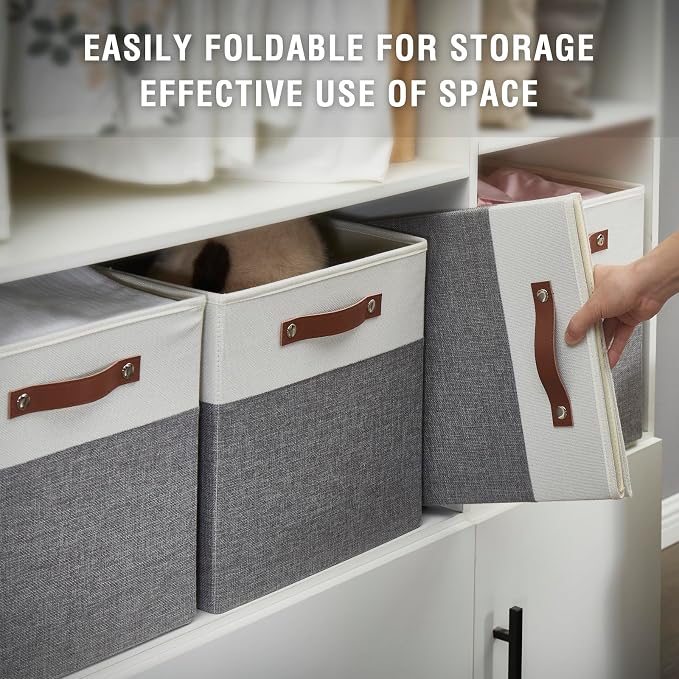 Bagnizer 13x15x13 Storage Cube Bins, Foldable Storage Organizer Baskets, Fabric Cube Storage Boxes with 2 Reinforced PU Handles for Kallax, Shelves, Living Room | 4 Pack, Gray & White