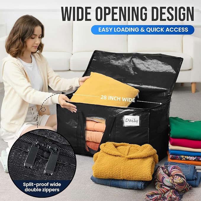 TAILI Extra Large Moving Bags, 10 Pack Black Heavy Duty Totes For Storage with Visible Window, Wrap Around Handles, Storage Bags for Space Saving, Alternative to Moving Boxes