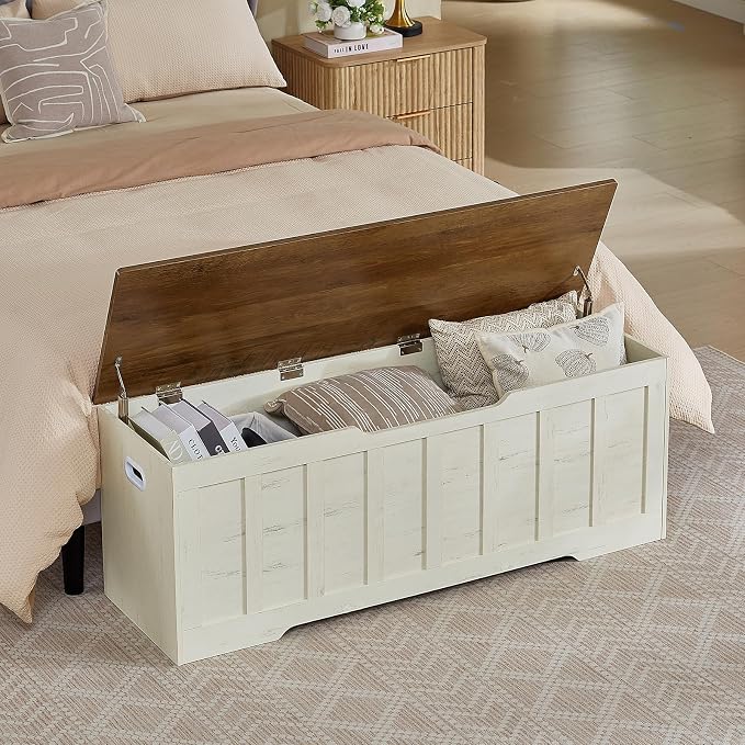 VANKILEY 51.2" Storage Chest Extra Large,Wooden Storage Bench,White+Brown | Chest with 2 Safety Hinges, 51.2*15.7*19.1inches, Wooden Trunk for Bedroom, Livingroom,Entryway,Easy Assembly.