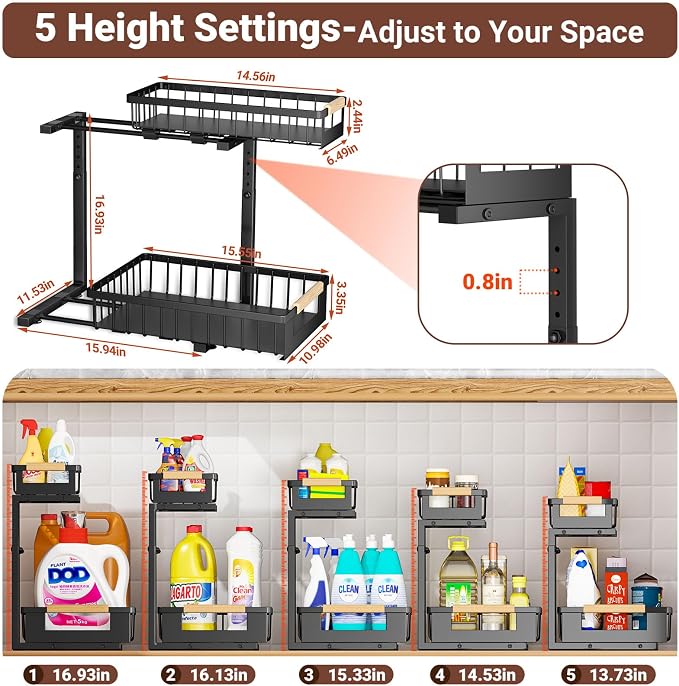 4 Pack L-Shape Under Sink Organizer, 2 Tier Pull Out Cabinet Organizer with 5-Level Adjustable Height, Double Sliding Metal Storage Rack for Kitchen Bathroom Pantry, Black