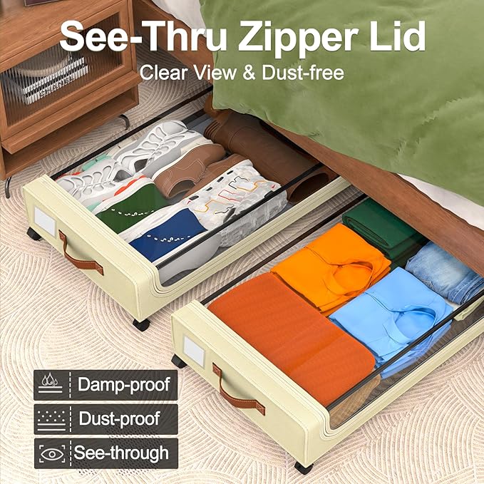 GoMaihe Under Bed Storage with Wheels 48L Beige 4-Pack | Underbed Storage Containers with Lids Rolling Bins for Shoes Clothes in Dorm Bedroom - Metal Drawers Easy Pull-out