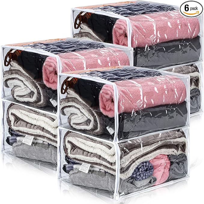 6 Packs Clear Zippered Storage Bags 18 x 15 x 9 Inch Sweater Moth Bags Vinyl Plastic Storage for Blankets Clothes Bed Sheet Organizer with Zipper for Closet Linen Sweater Clothes Comforters Pillow