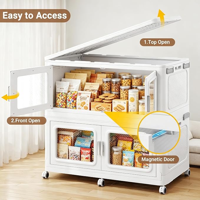 BROVIEW 900 Qt/225 Gal Stackable Storage Bins with Lids, 3 Pack, White | Large Stackable Storage Boxes w/ 1 Lid Folding Plastic Cart Organizer for Home Kitchen, Open Front Clear Door with Wheels