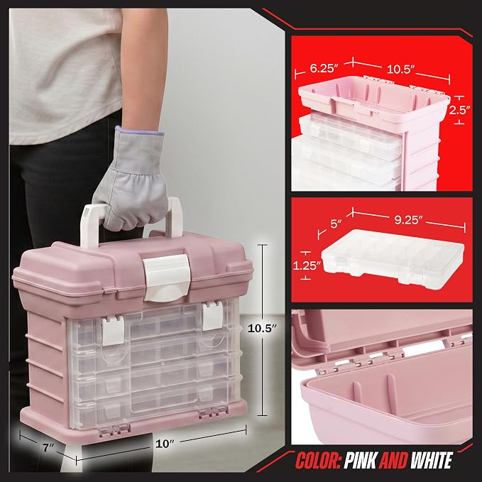 Stalwart Portable Tool Box for Women or Men, Pink | Small Parts Organizer with Drawers and Customizable Compartments for Hardware, Fishing Tackle Box, Beads or Crafting Supplies