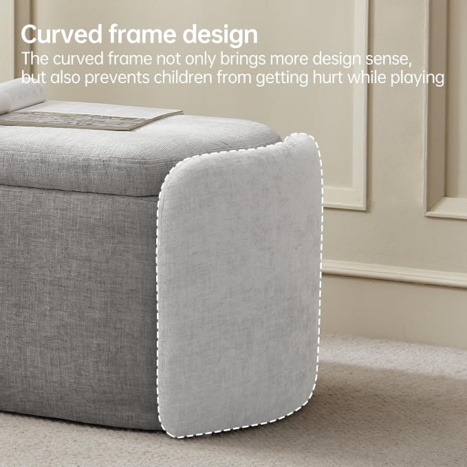 VKNOW 46" Oval Storage Ottoman Bench, Upholstered End of Bed Bench Ottomans Bench Foot Rest, Sherpa Storage Bench for Bedroom, Living Room and Hallway, Light Grey