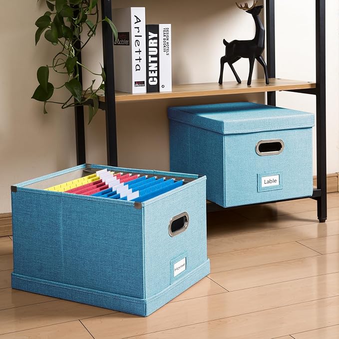 File Organizer Box - Set of 4 Collapsible Decorative Linen Filing Storage Hanging File Folders with Lids Office Cabinet Letter/Legal Size Blue 17.1x14x11.1 inch
