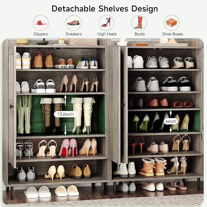 ONBRILL Shoe Cabinet with Cross Molding Doors, 6-Tier Shoe Storage Cabinet with 3 Adjustable Shelves and Metal Legs, 45'' Tall Shoes Rack Organizer Cabinet for Entryway, Front Door, Gray Wash