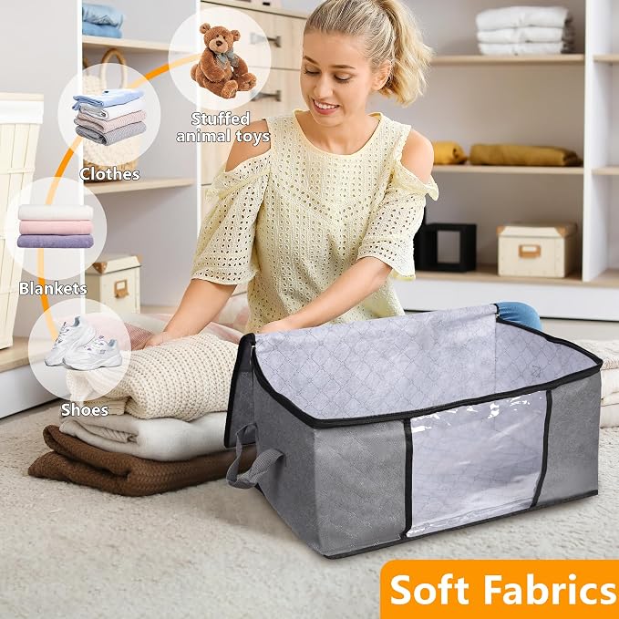 3 Pack Storage Bags, 45L Foldable Clothes Storage Bins with Lids, Closet Organizers Blanket Storage Bags with Zippers Clear Window Sturdy Handles for Clothing Bedding Comforter Sweater Pillows (Gray)