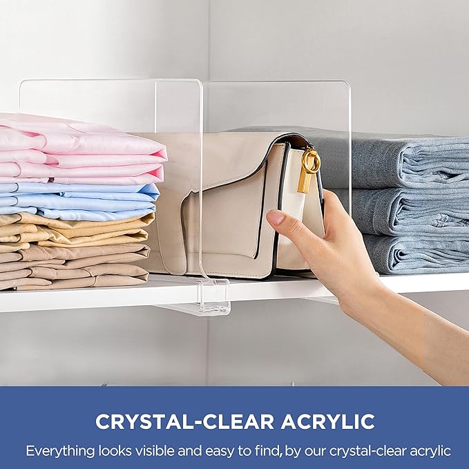 HBlife 5 Pack Clear Shelf Dividers, Vertical Purse Organizer for Closet Perfect for Sweater, Shirts, Handbags in Bedroom and Kitchen, Adjustable Acrylic Bookshelf for Organization