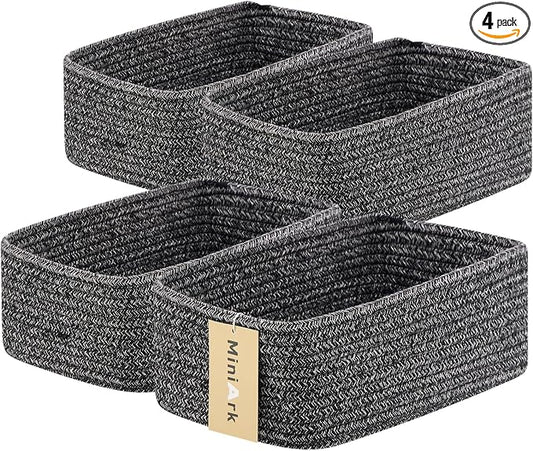 MiniArk Small Storage Baskets for Organizing | Closet Organizer Bins | Shelf Toy Basket | Woven Rope Baskets | Cube Decorative Box | Shallow Basket | 11.5x7.5x4.7” | 4 Packs Dark Gray
