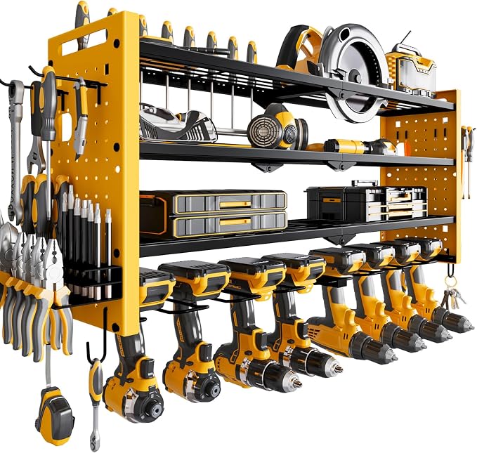 NattyDot Power Tool Drill Holder Wall Mount, 4Tier Garage Organizer, Yellow | 4-tier Utility Rack Stores 8 Cordless Drills, Batteries and Accessories while Freeing Extra Garage Wall Storage Space