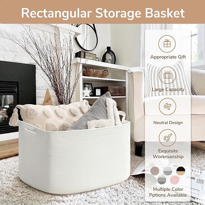 Goodpick Large Cotton Rope Blanket Basket, Rectangle, White | 21.6 x 14.9 x 11.8 in, Reinforced Handles, Living Room, Bedroom & Nursery Organization, Blankets, Toys & Bedding Storage