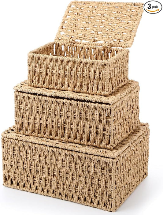 3 Pack Wicker Storage Baskets with Lid, Decorative Woven Organizer Boxes, Shelf Stackable Container Bin, 3 Size Boho Home Decor for Bedroom Living Room Organization (10.2", 8.6", 7")